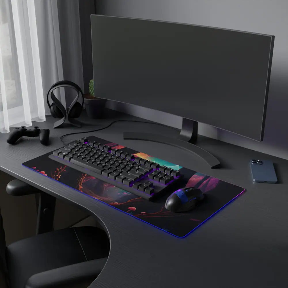 LED Gaming Mouse Pad Shroom Bloom PixiOnyx RGB Desk Mat with gaming keyboard and monitor