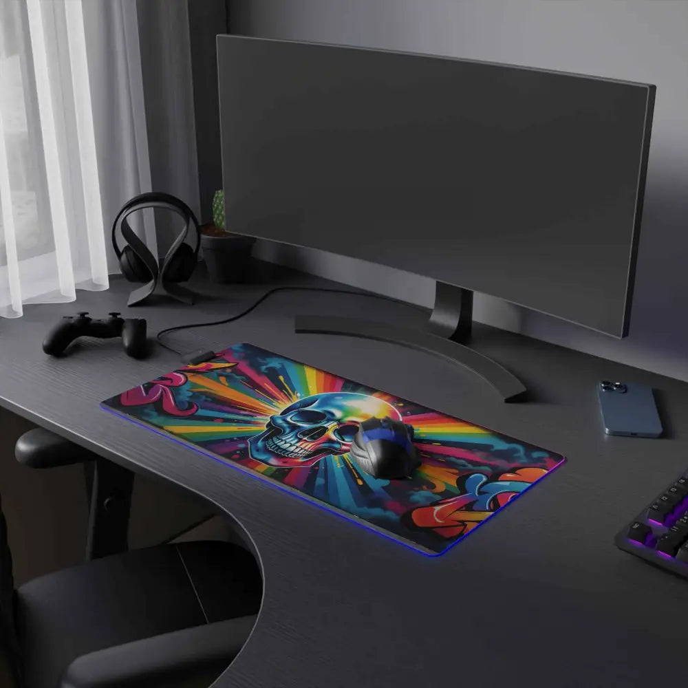 LED Gaming Mouse Pad Skullstorm Surge with vibrant skull meets spectrum design on electrified desk dominator