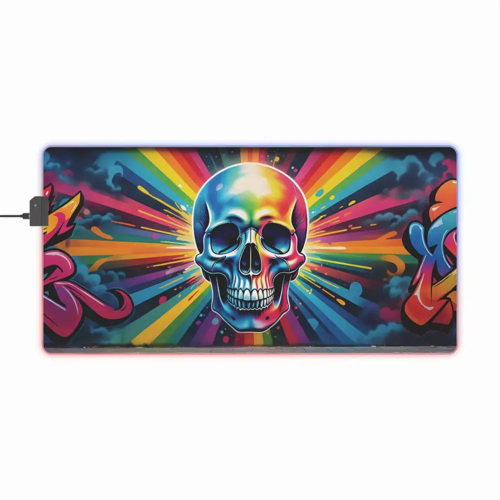 Rainbow-colored skull graphic mouse pad with illuminated border from Skullstorm Surge RGB Battle Gear