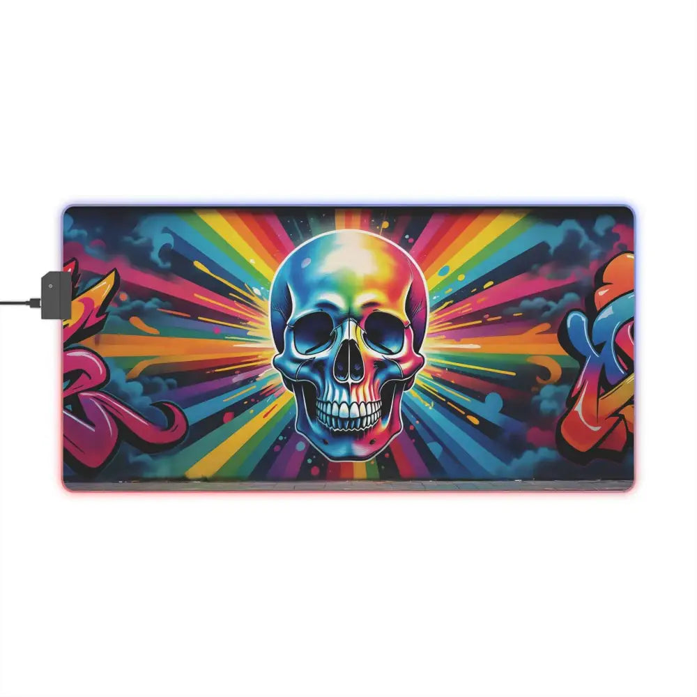 RGB gaming mouse pad Skullstorm Surge with colorful skull graffiti art, electrified desk dominator