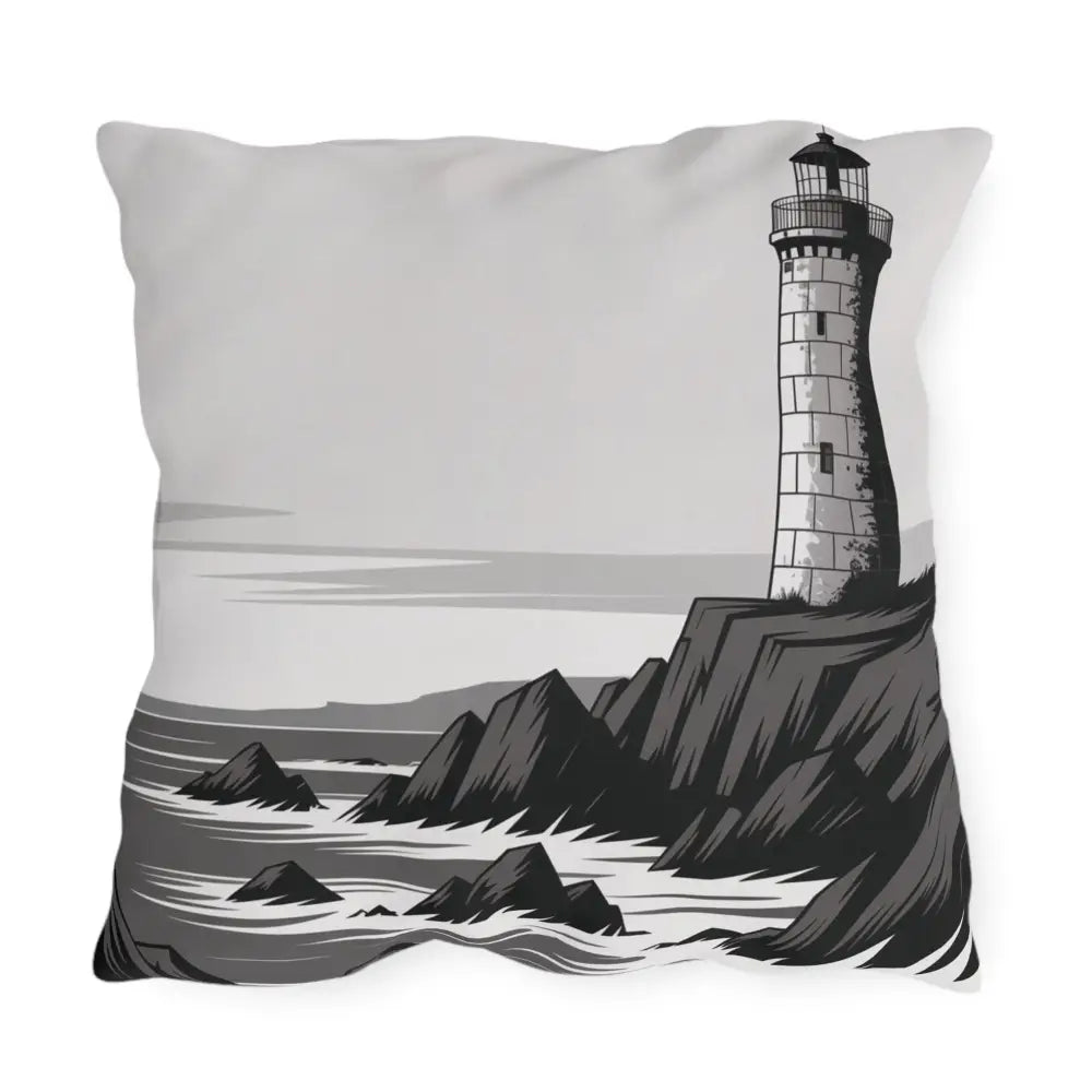Grayscale lighthouse outdoor pillow with rocky coast illustration, vibrant colors, spot clean