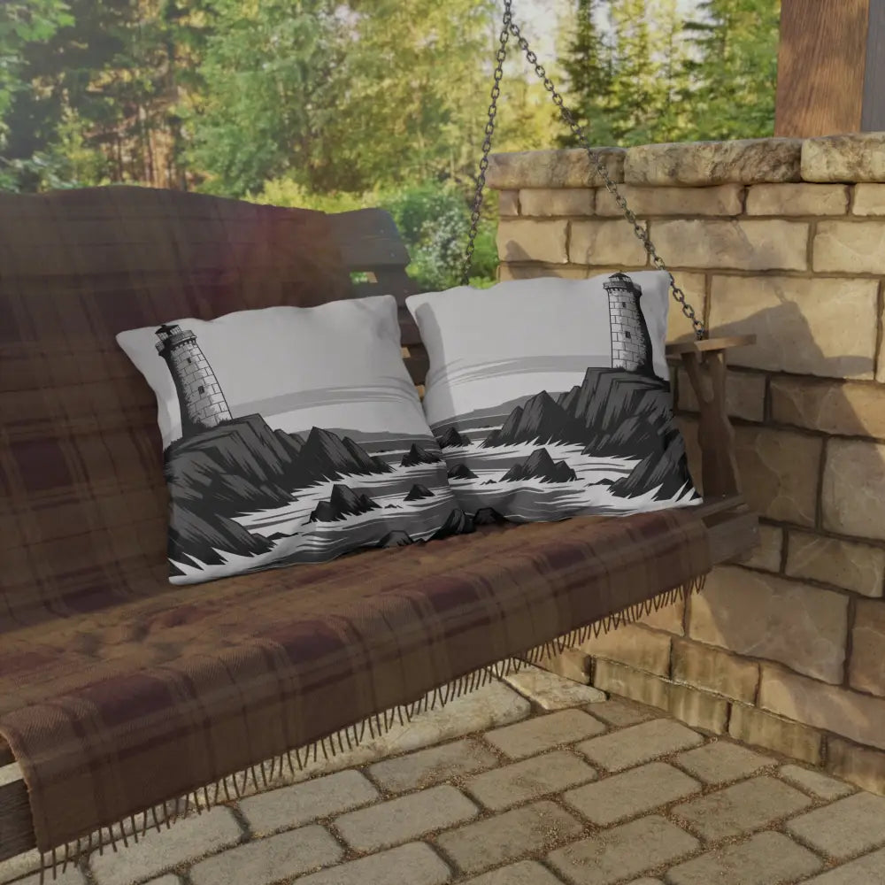 Wooden porch swing with vibrant outdoor pillows, decorative pillows, and a plaid blanket