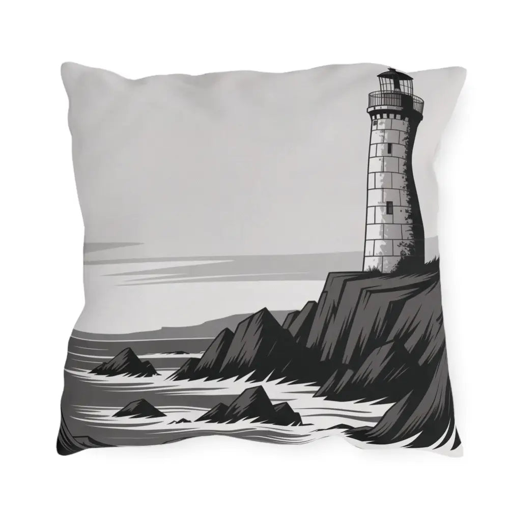 Grey lighthouse outdoor pillow with rocky coastline illustration in vibrant colors for coastal decor