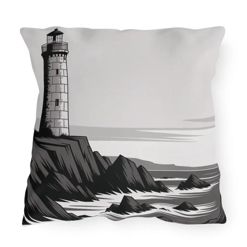 Square outdoor pillow with black and white lighthouse illustration, vibrant colors, spot clean