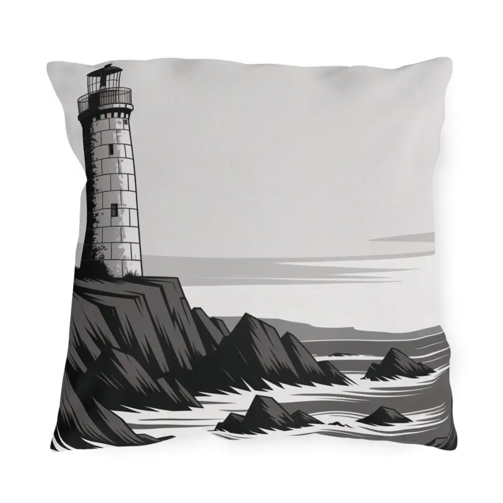 Decorative outdoor pillow with lighthouse design, vibrant colors, and spot clean fabric