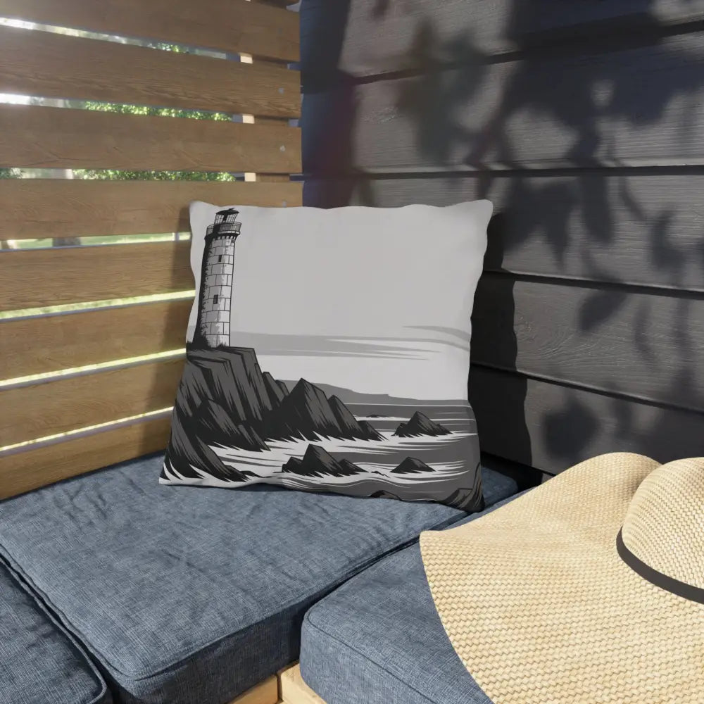Decorative outdoor pillow with lighthouse design, vibrant colors, perfect for summer outdoor pillows