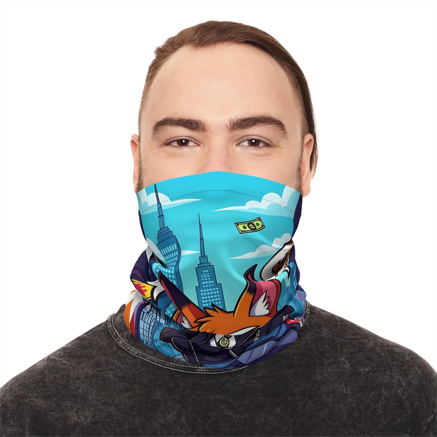 Man wearing a cartoon-themed lightweight neck gaiter from PixiOnyx Urban Energy Street Hustle Fox