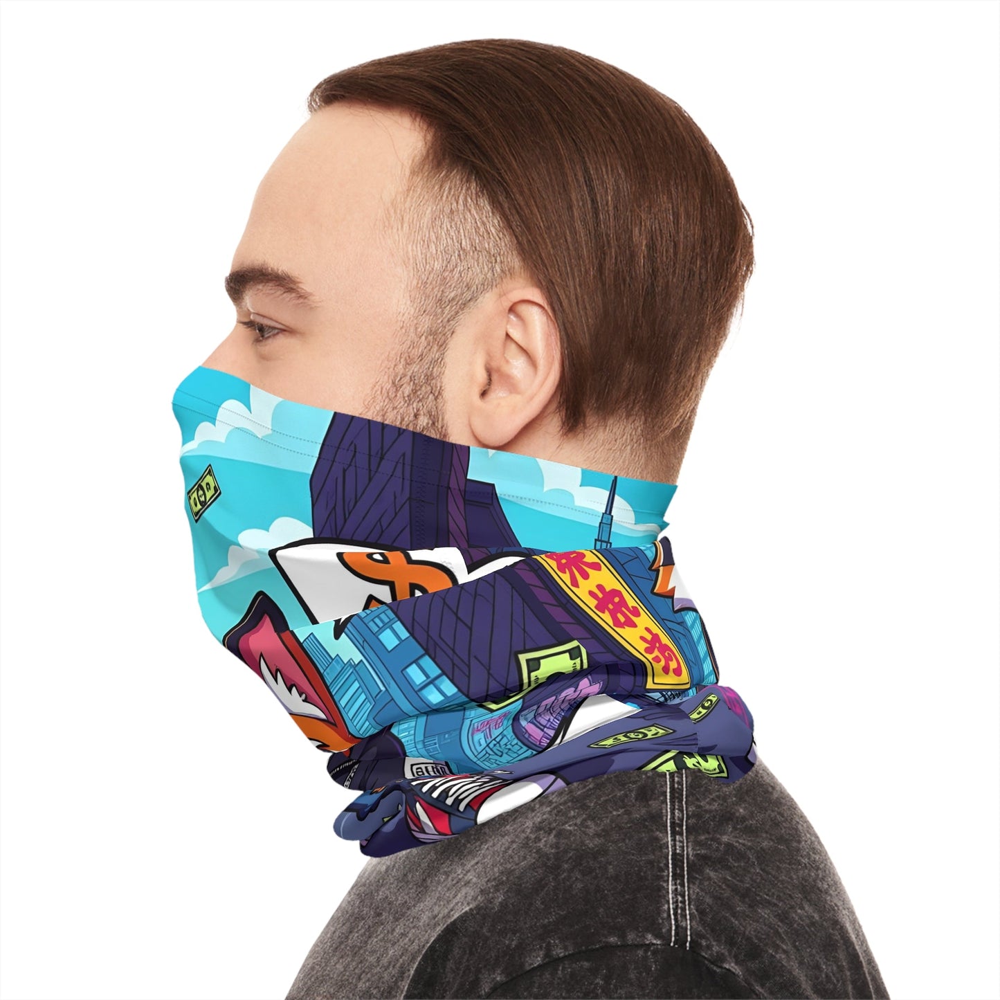 Cartoon city neck gaiter from PixiOnyx Urban Energy lightweight street fashion accessory