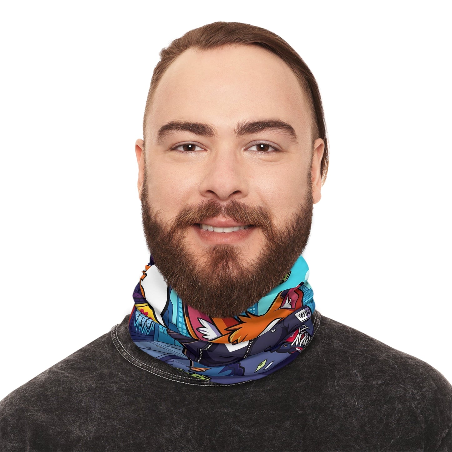 Man wearing cartoon-themed lightweight neck gaiter from PixiOnyx Urban Energy Street Hustle Fox