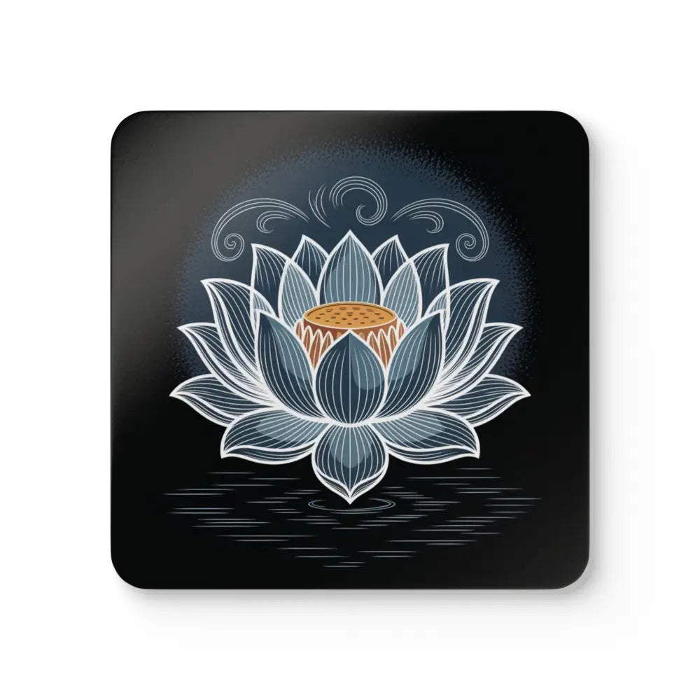 Black coaster set with ornate lotus flower design, gently wipe with dry microfiber cloth