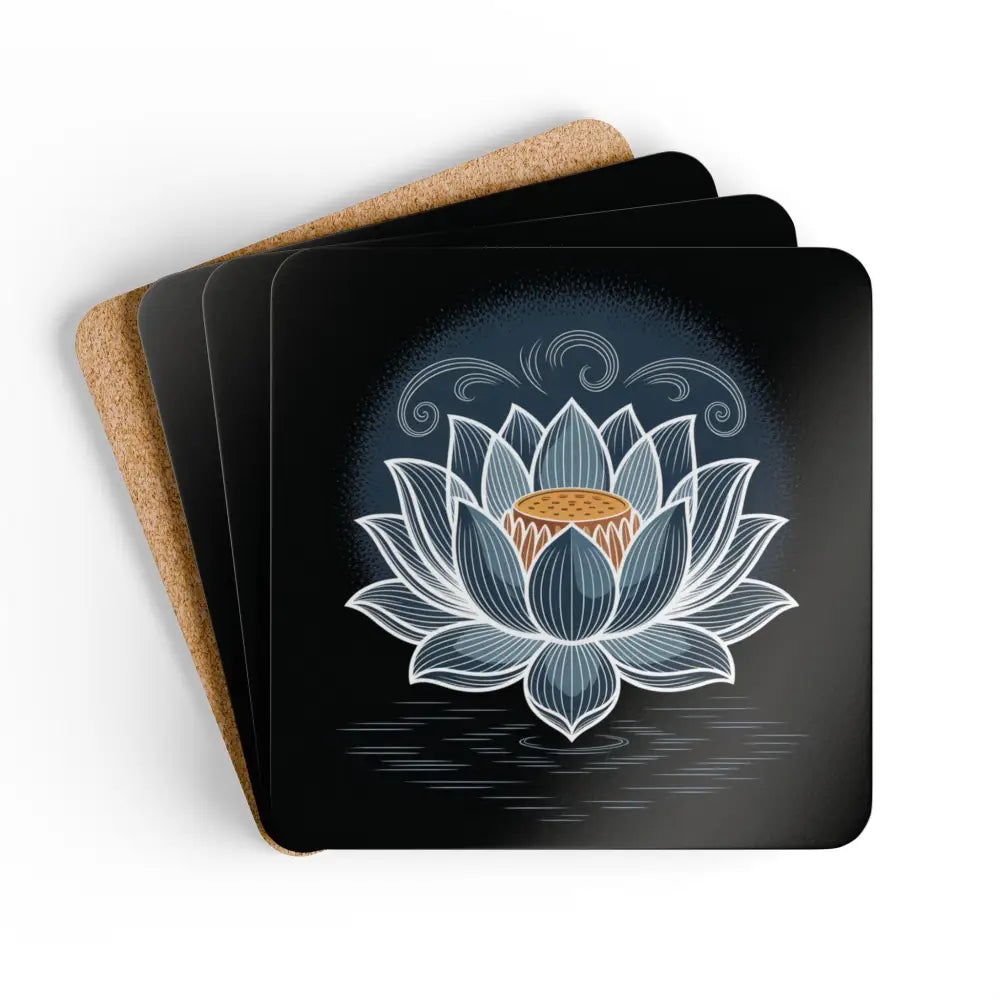 Stack of four Lotus Design Cork Coaster Set with lotus flower pattern on dark background