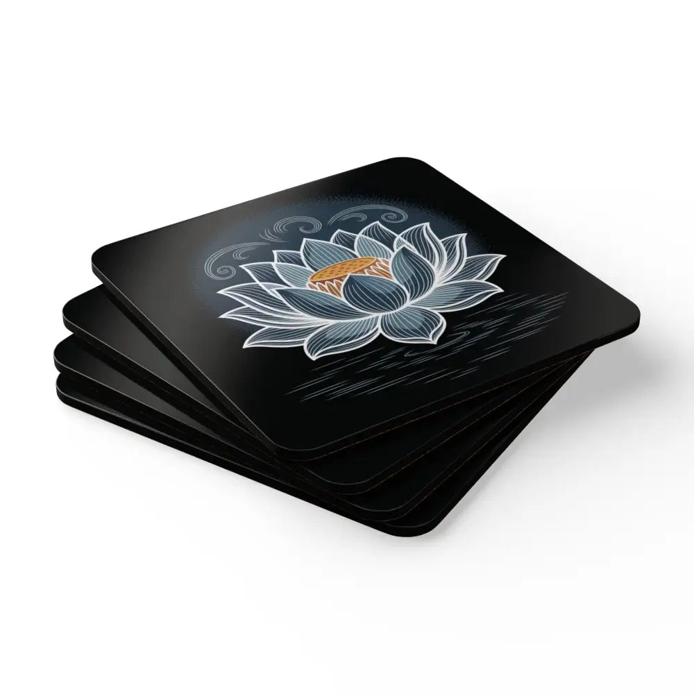 Black coaster set with lotus flower design, gently wipe with dry microfiber cloth