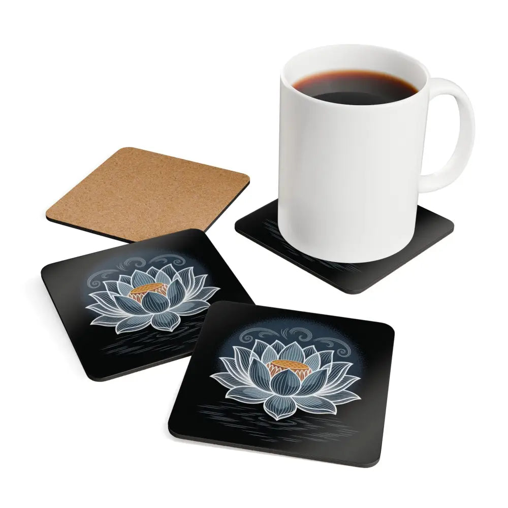 Aesthetic coaster set with lotus design and cork backing, gently wipe with dry microfiber cloth