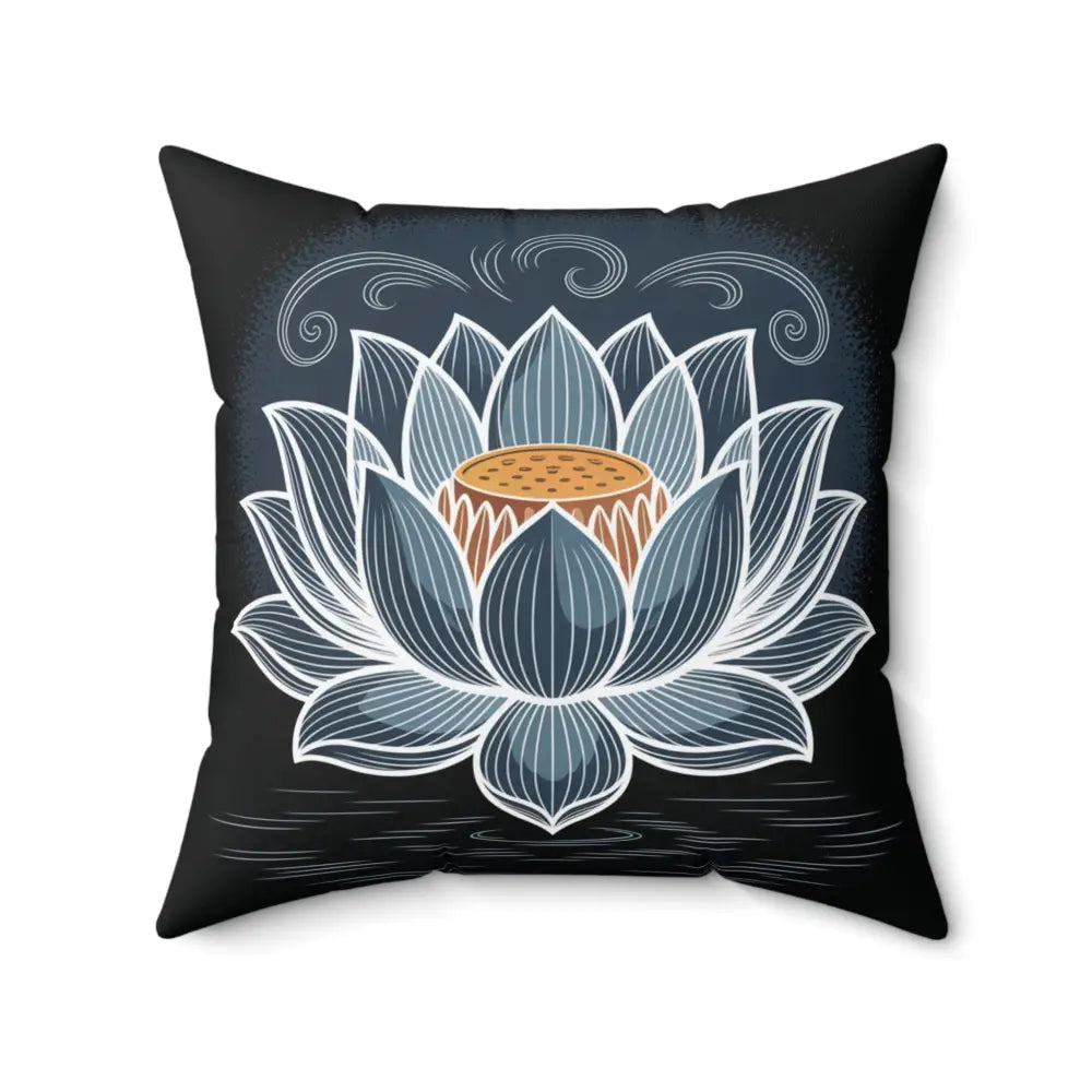 Dark-colored square pillow cover with white and blue lotus flower design, spun polyester, double-sided print