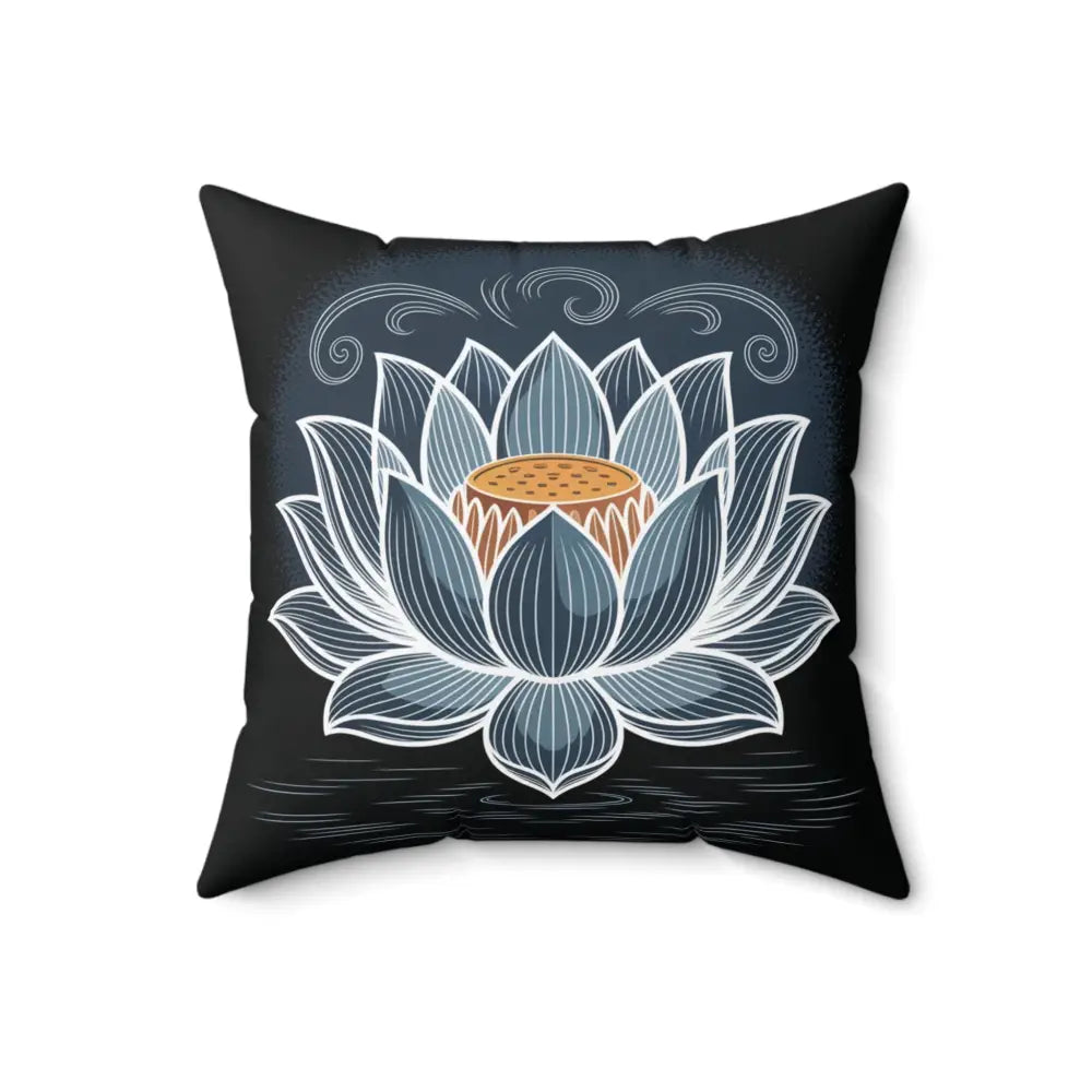 Black pillow cover with white and blue lotus flower design, double-sided print, spun polyester