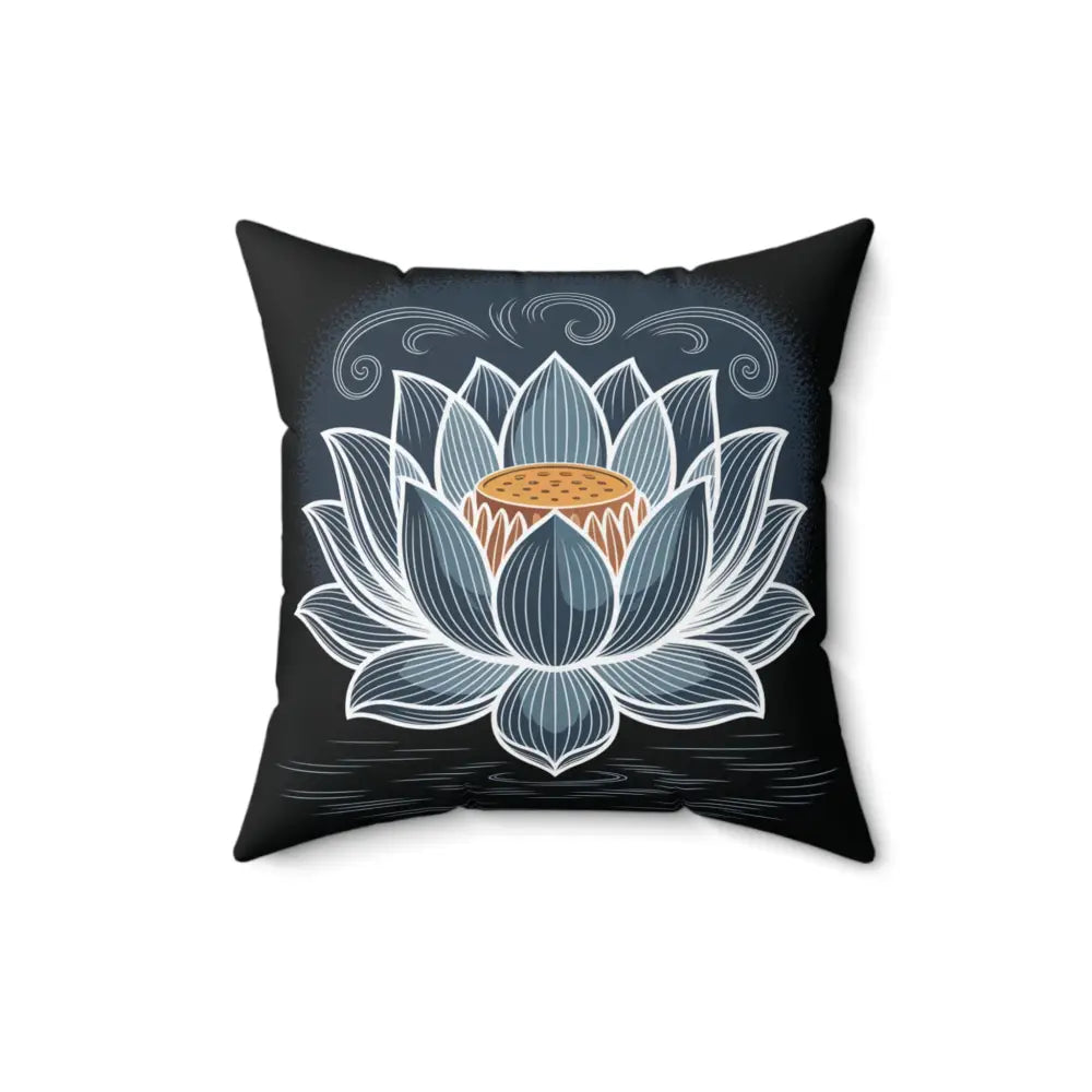 Square pillow cover with blue and white lotus flower design, spun polyester, double-sided print
