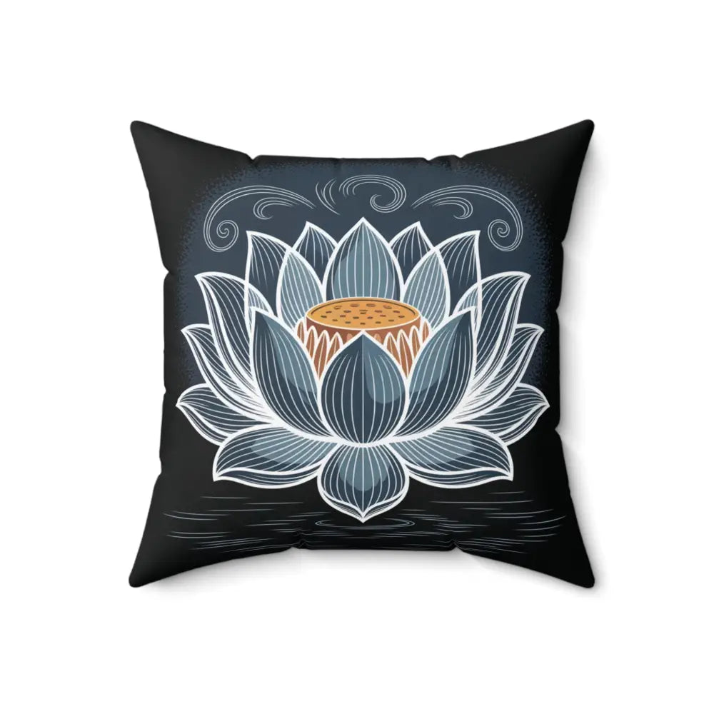 Black square pillow cover with blue and white lotus flower design, double-sided print, spun polyester
