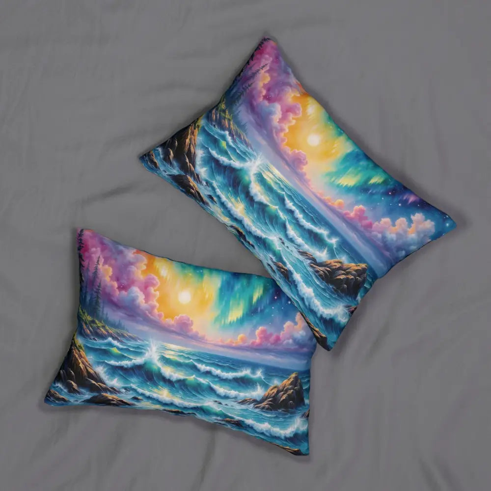 Decorative lumbar pillow with celestial tide ocean and aurora borealis design by Honson Ventures Limited at Gnaftis House Flat