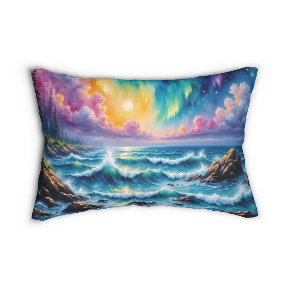 Celestial Tide lumbar pillow with vibrant coastal landscape print by Honson Ventures Limited at Gnaftis House Flat
