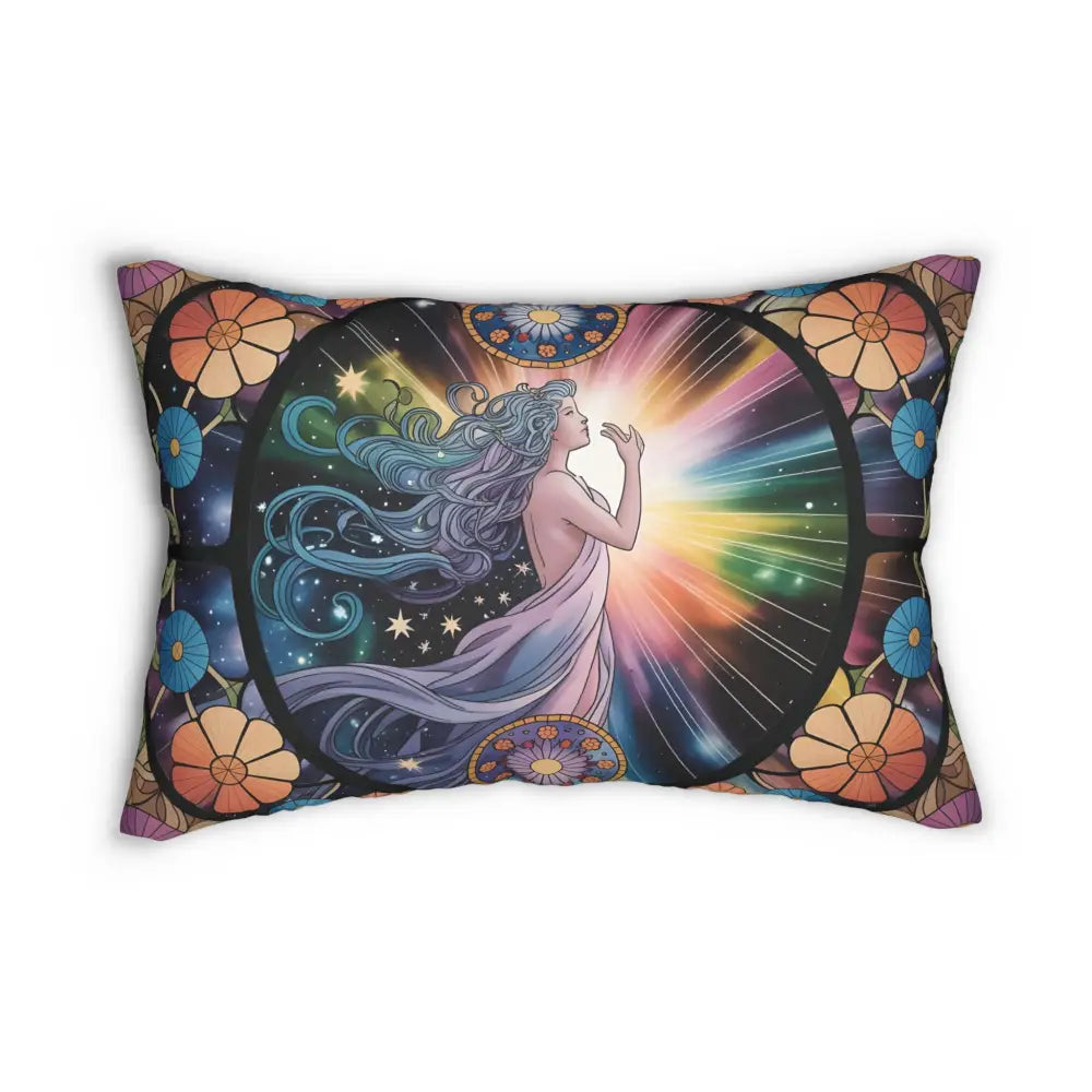 Rectangular decorative lumbar pillow featuring a celestial woman design from Cosmic Bloom collection