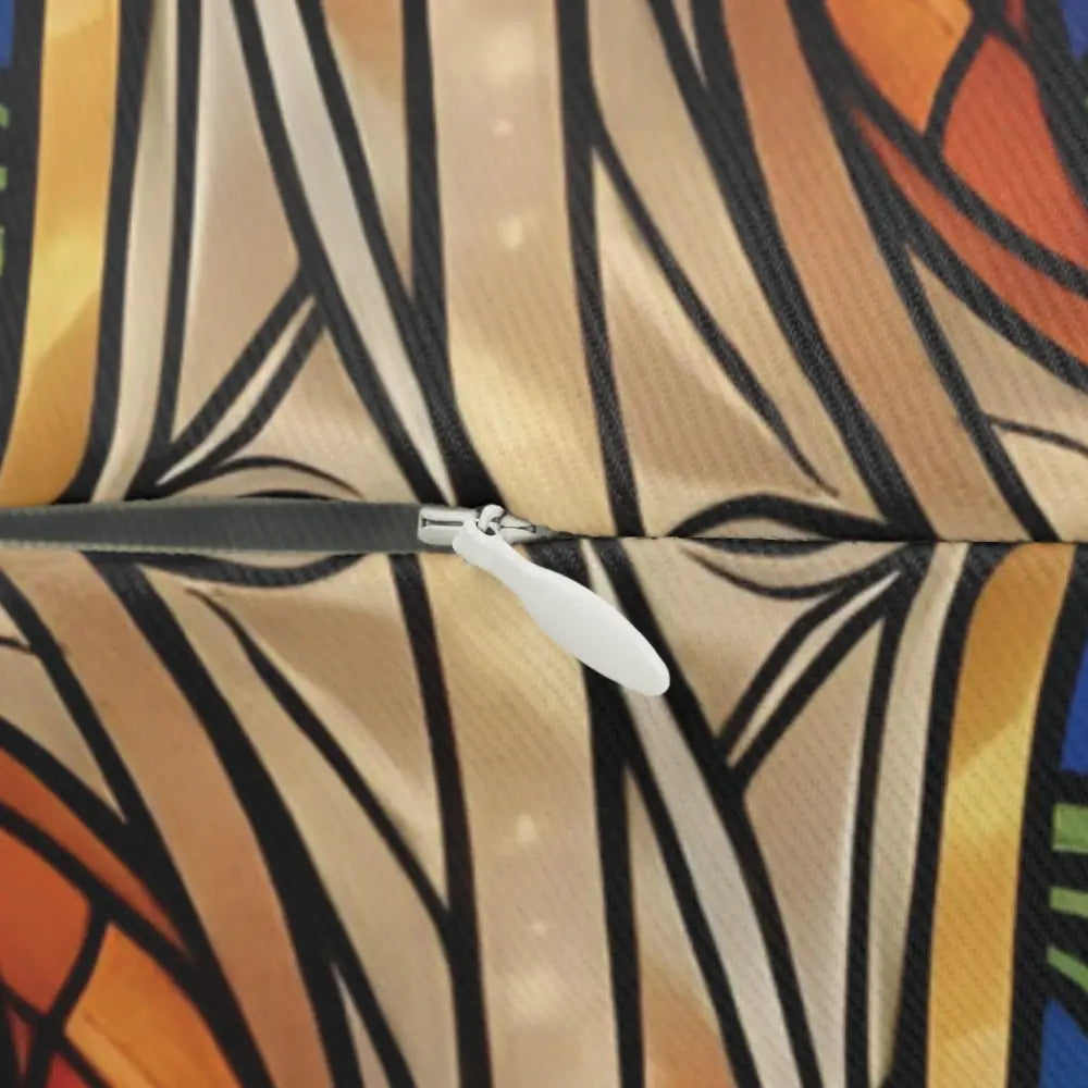 Colorful patterned lumbar pillow with zipper featuring Sacred Stained Glass Art design