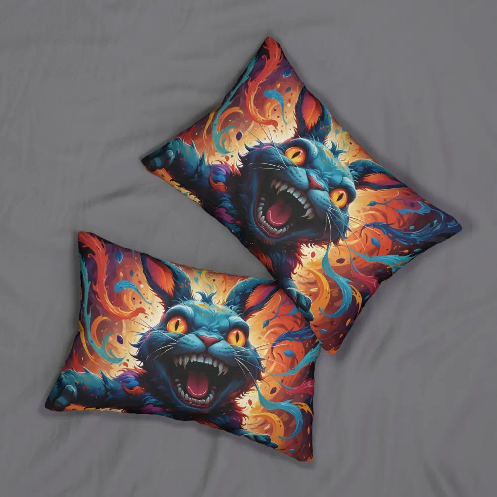 Decorative Lumbar Pillow with Snarling Cat Design from PixiOnyx Psychedelic Plush Decor