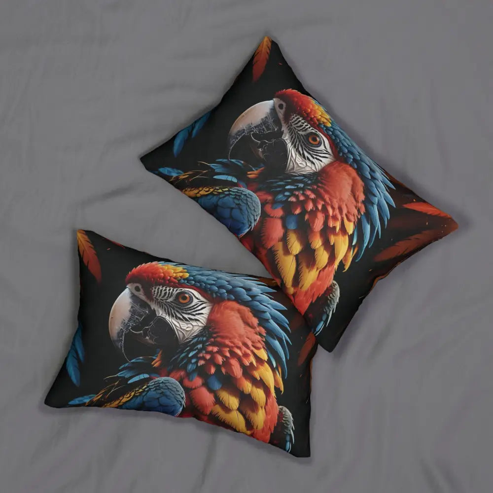 Two parrot-themed throw pillows from the Lumbar Pillow Macaw Ascension PixiOnyx Tropical Flightline Series
