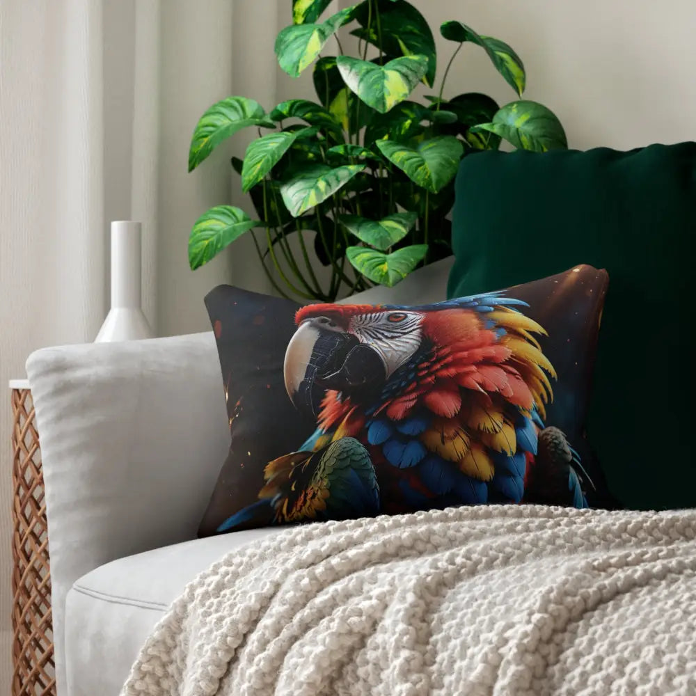 Parrot-themed decorative lumbar pillow featuring Macaw Firelight tropical design