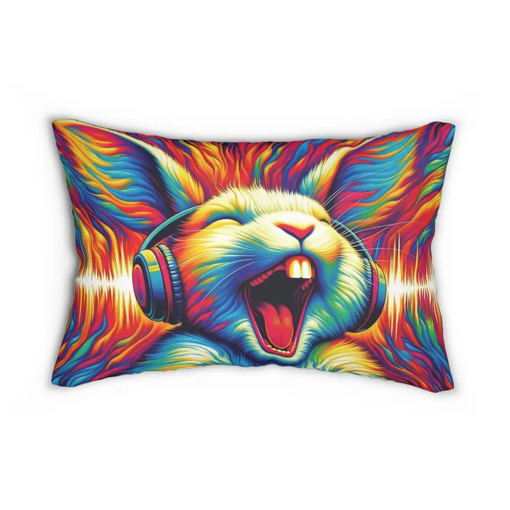 Colorful rabbit pillow with headphones from Lumbar Pillow Sonic Scream PixiOnyx Surreal Lounge