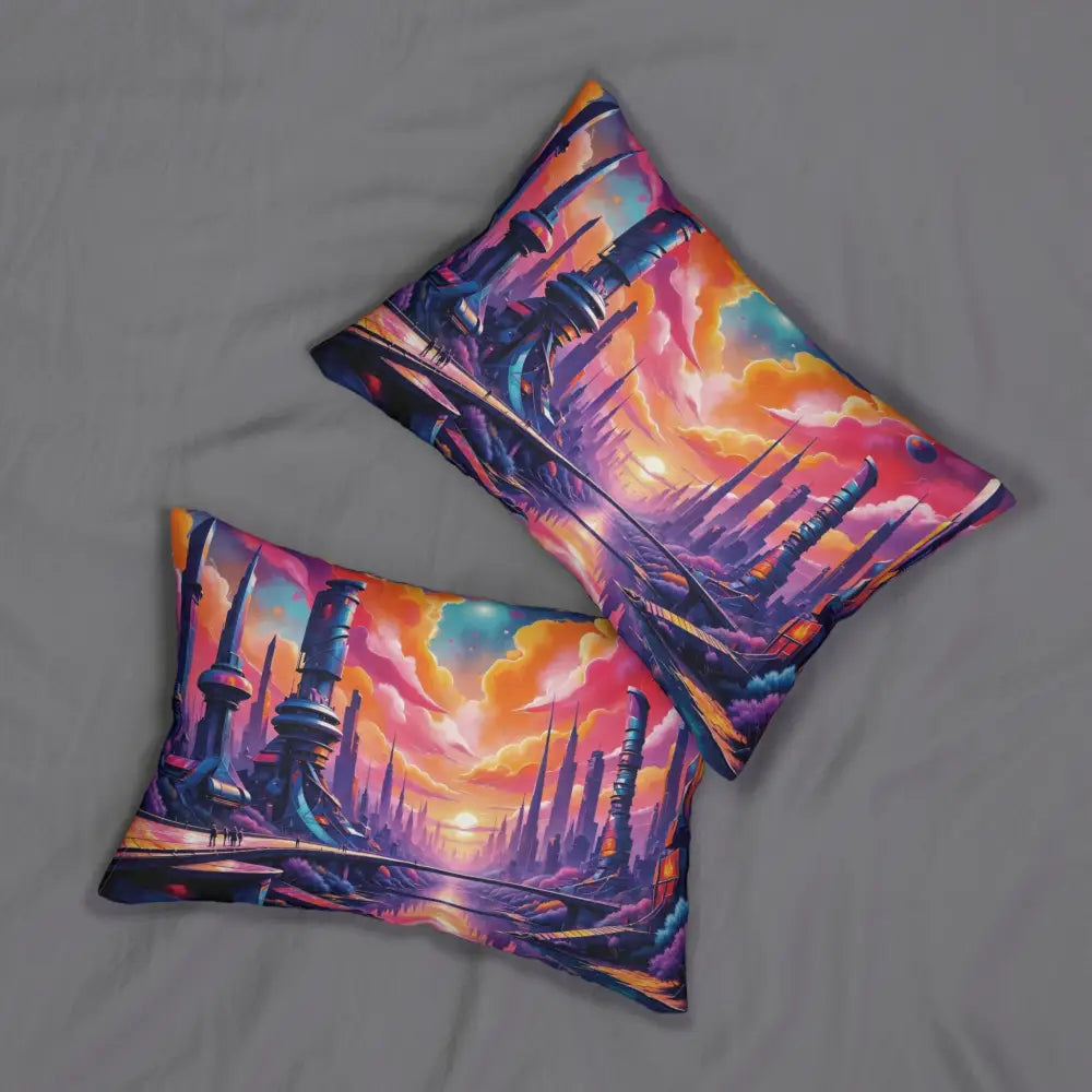 Vibrant lumbar pillow featuring futuristic cityscape design for modern home decor