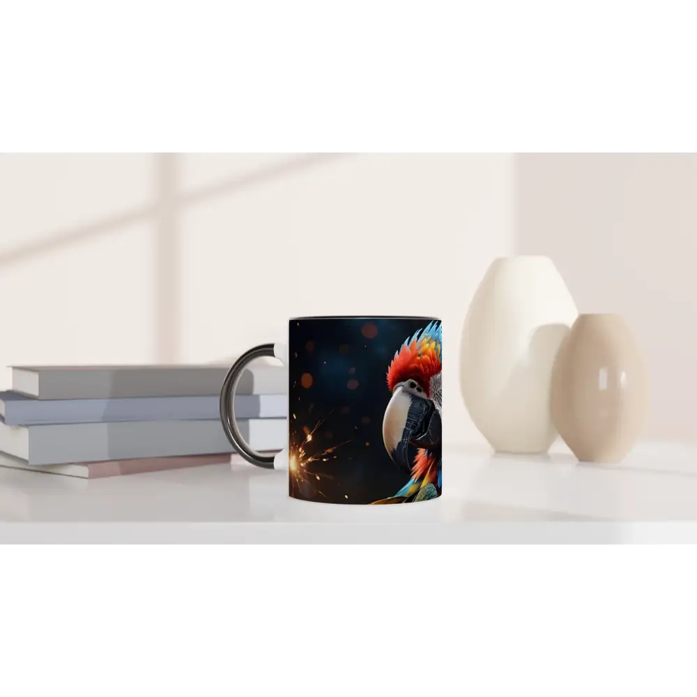 Parrot-themed coffee mug from Macaw Firelight collection with colorful interior design