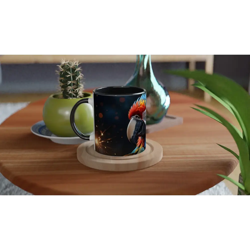 Black ceramic mug featuring a colorful parrot design from PixiOnyx Jungle Heat collection