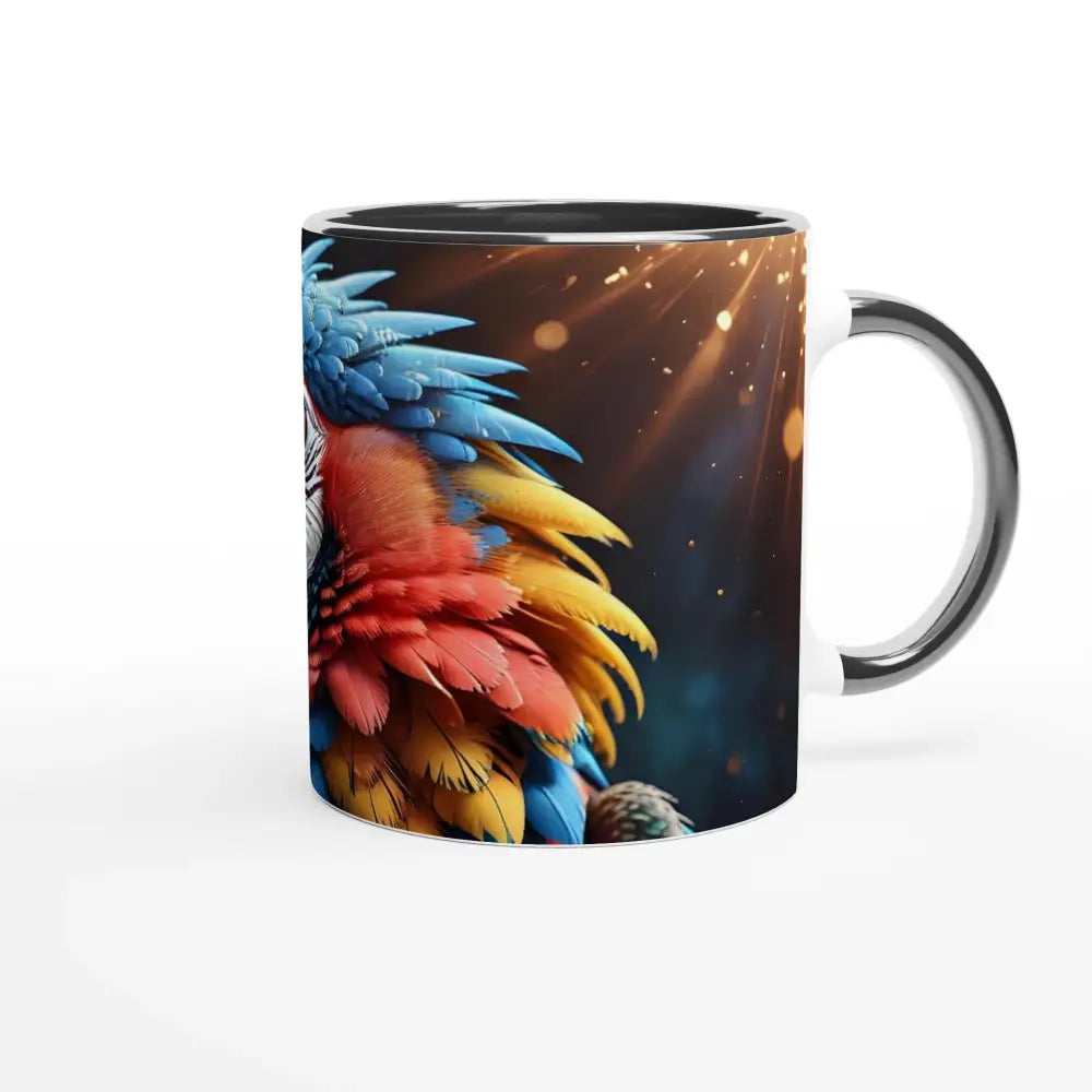 Parrot-themed Macaw Firelight white ceramic mug with colorful interior from PixiOnyx Jungle Heat collection