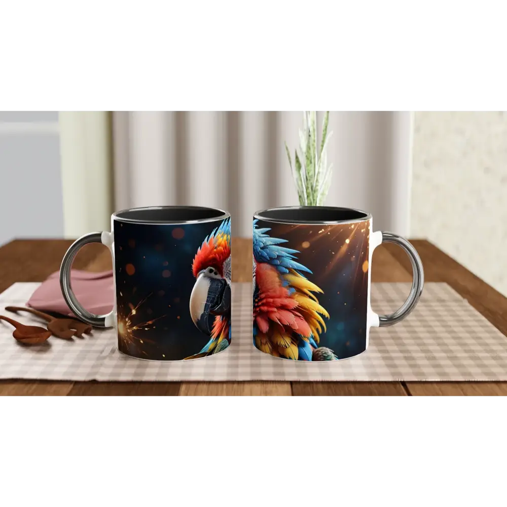 Two parrot-themed white ceramic mugs with colorful insides from PixiOnyx Jungle Heat collection