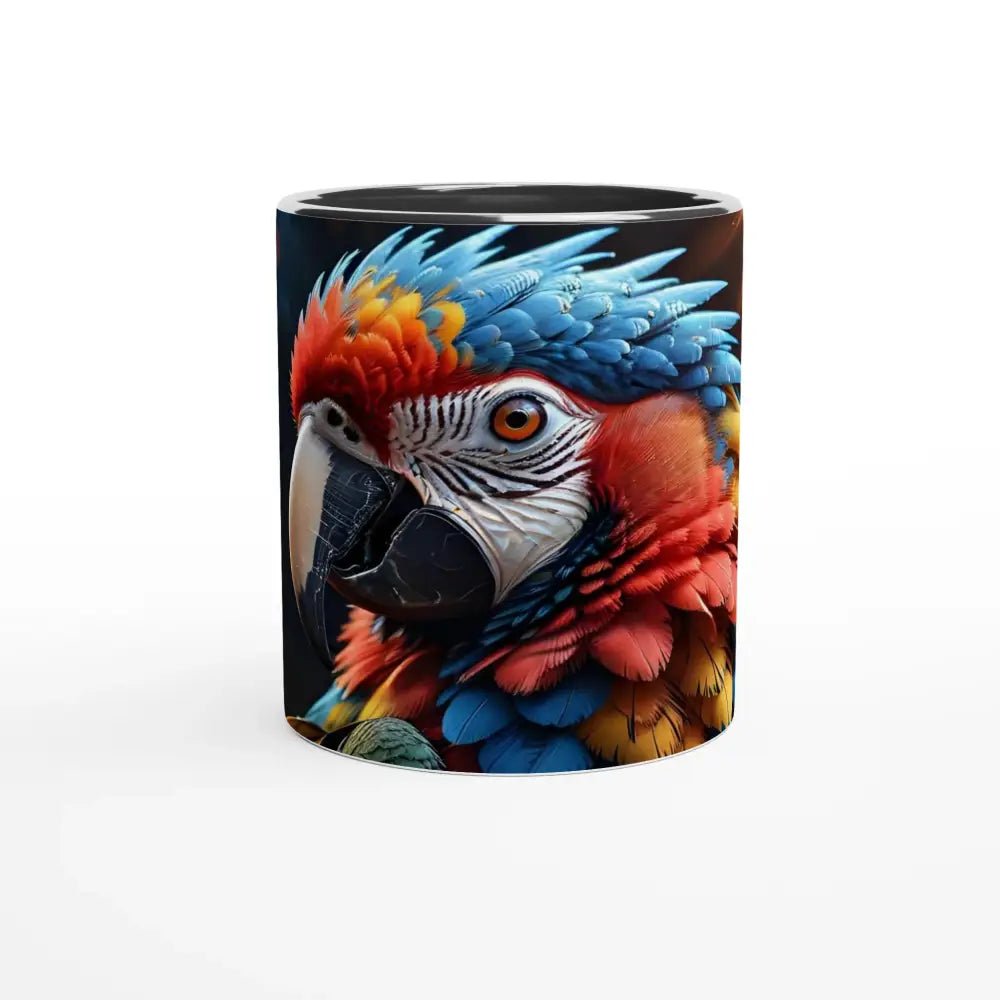 Parrot-themed white ceramic coffee mug with colorful interior from PixiOnyx Jungle Heat Collection
