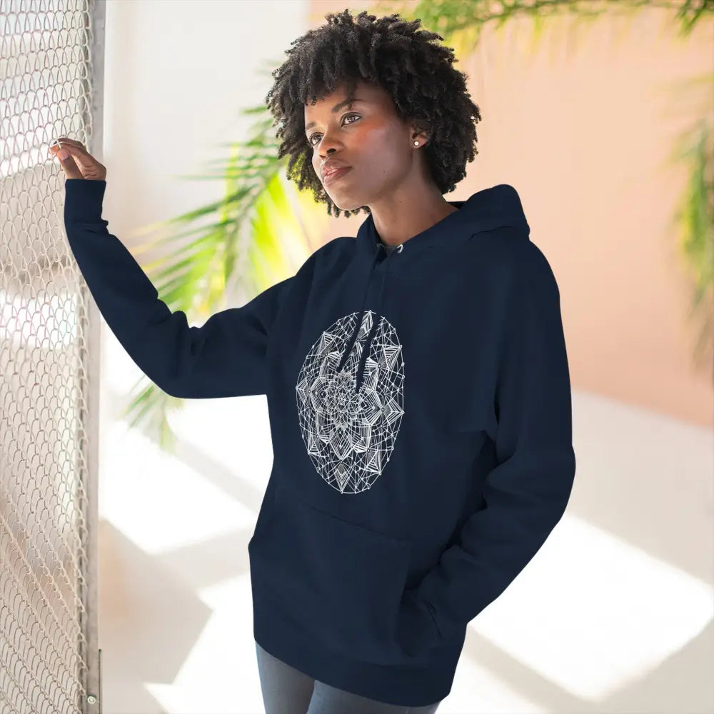 Dark blue three-panel fleece hoodie with white mandala design and adjustable hood