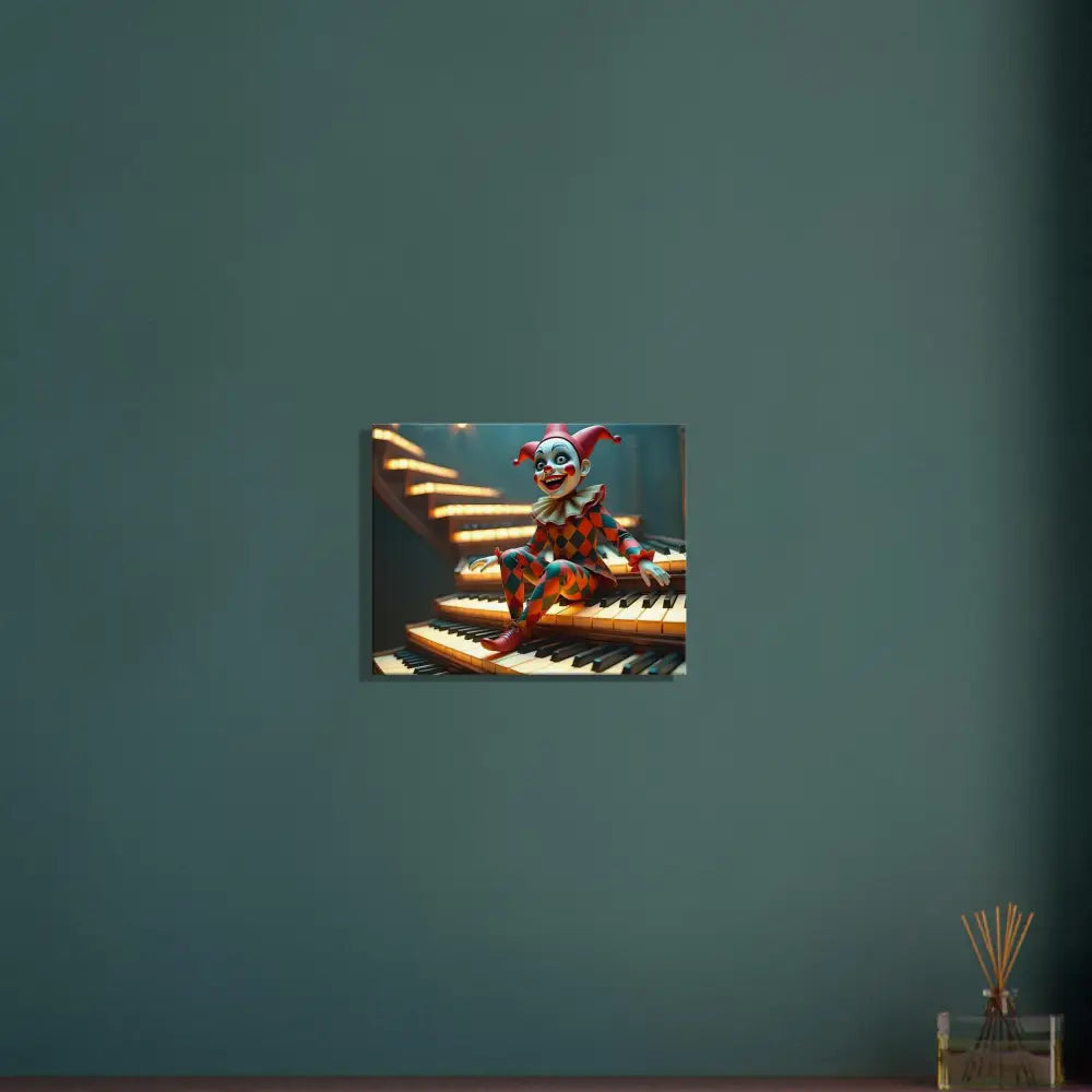Jester doll sitting on piano keys displayed on Marionette Canvas – The Puppet’s Prelude Wall Art
