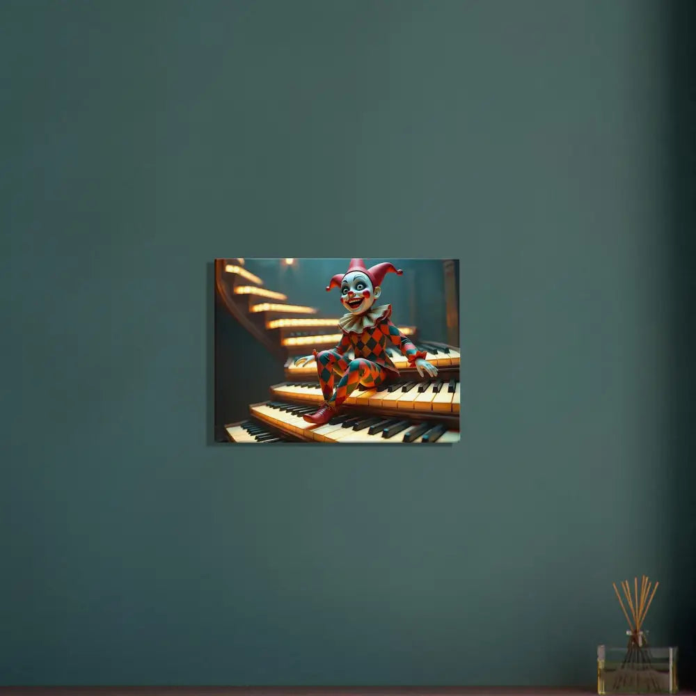 Clown doll on piano keys wall art from Marionette Canvas Puppet’s Prelude PixiOnyx