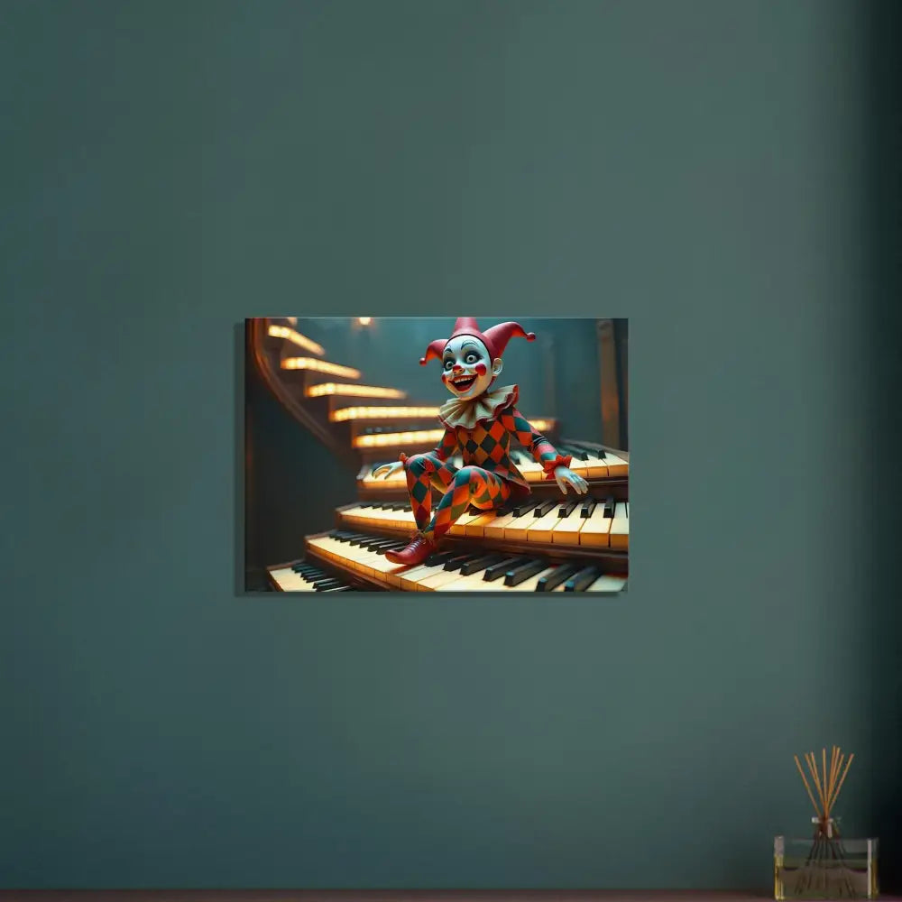 Clown sitting on piano keys wall art Marionette Canvas PixarOnyx Puppet’s Prelude