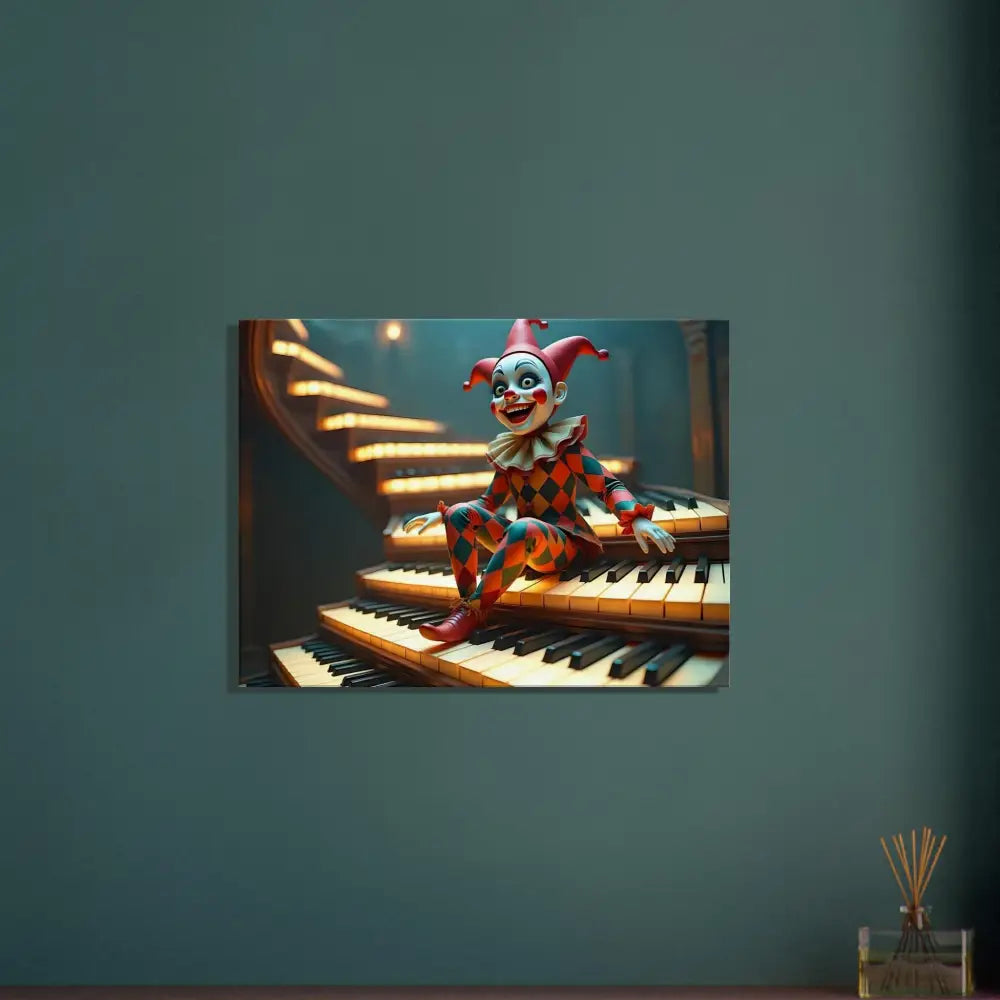 Creepy clown sitting on piano keys wall art Marionette Canvas The Puppes Prelude PixiOnyx