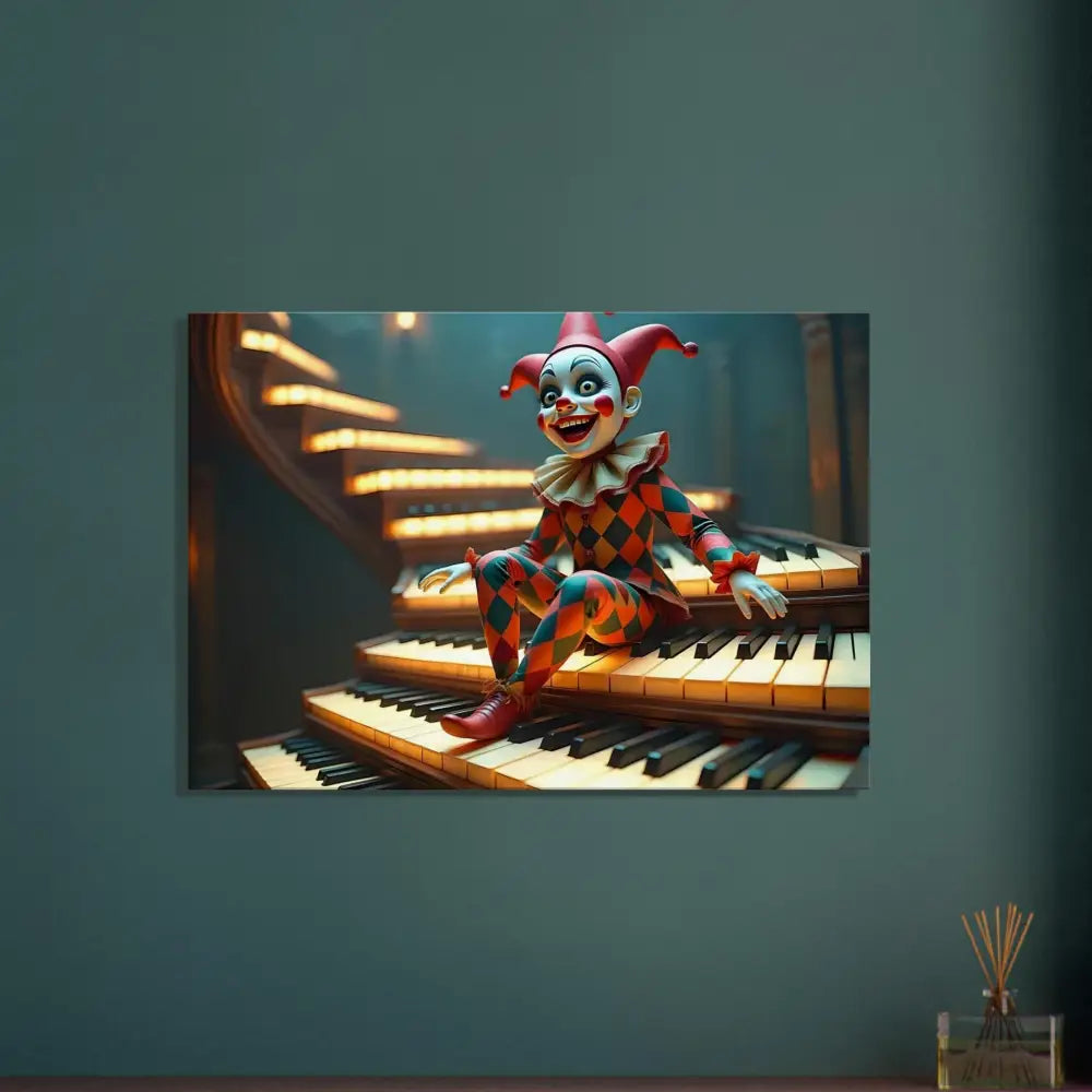 Clown doll sitting on piano keys wall art Marionette Canvas The Puppets Prelude PixiOnyx