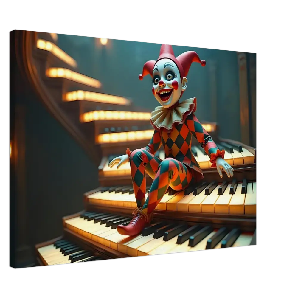 Creepy harlequin doll on piano stairs displayed on Marionette Canvas Puppet’s Prelude PixiOnyx Wall Art