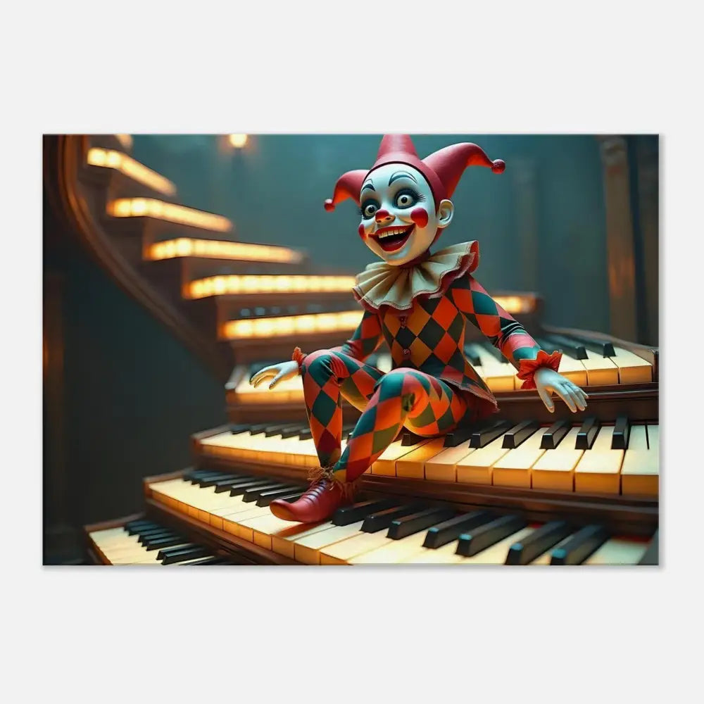 Smiling Harlequin doll on piano stairs in Marionette Canvas The Puppet’s Prelude Wall Art