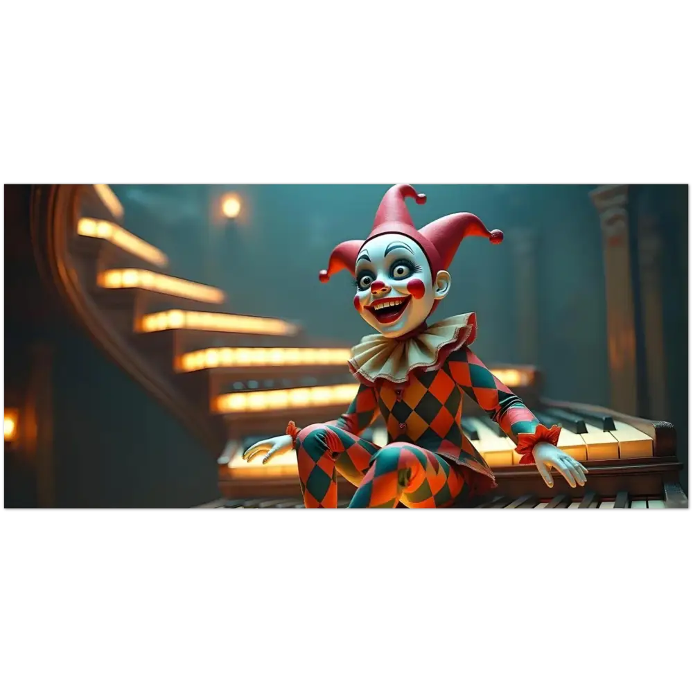 Creepy harlequin doll on piano for Marionette Mug The Puppets Prelude PixiOnyx Porcelainware