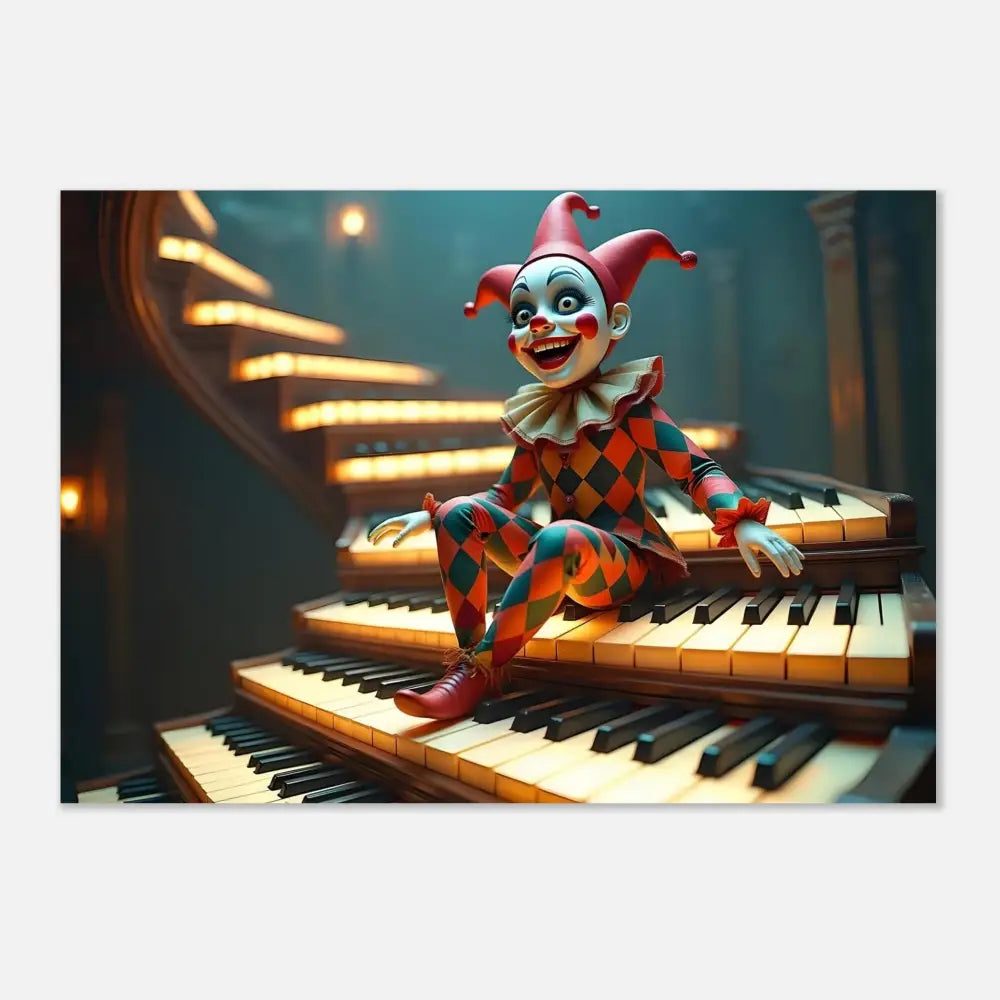 Creepy clown doll on piano stairs displayed in Marionette Poster The Puppets Prelude PixiOnyx Fine Art Print