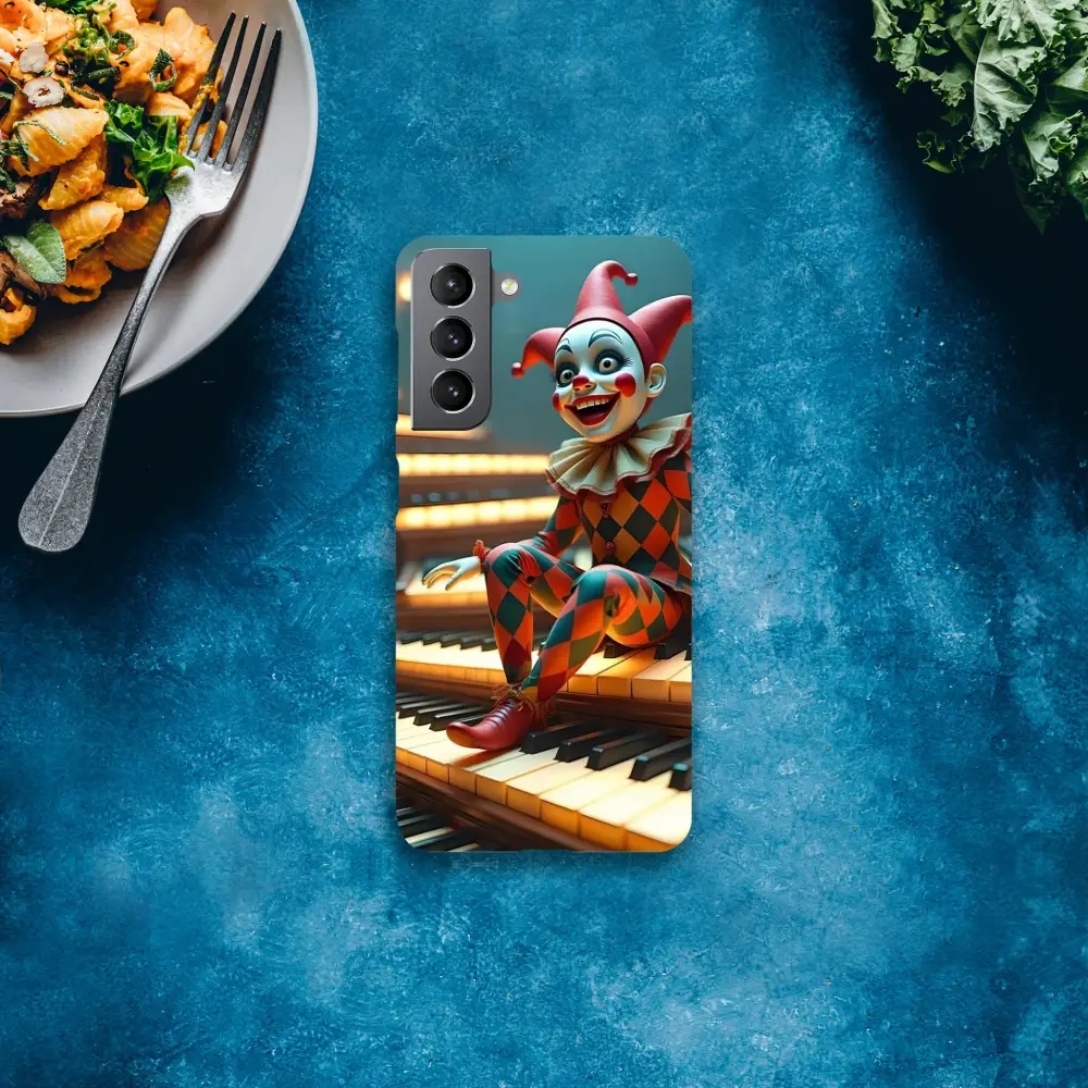 Clown-themed phone case for Samsung featuring puppet design in slim shell style