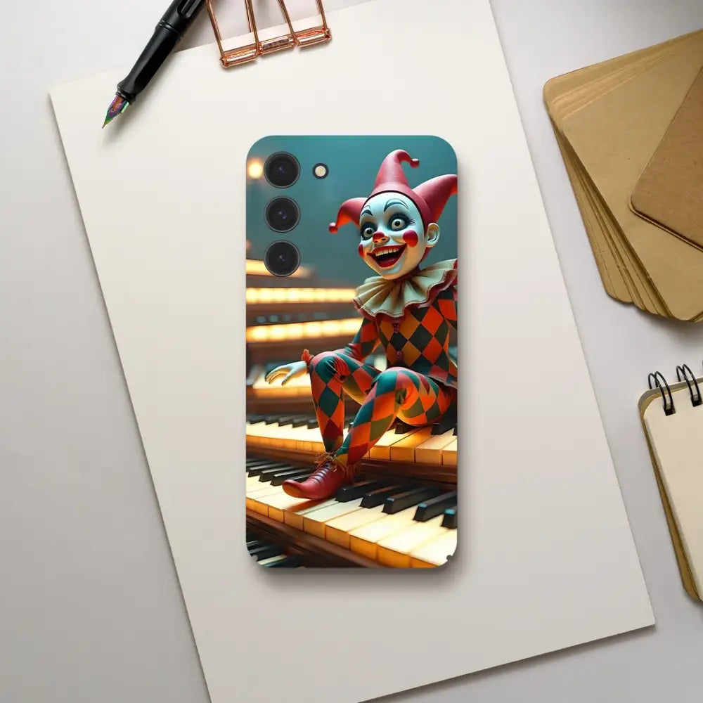 Clown-themed phone case on a Samsung device in the Marionette Samsung Case PixiOnyx Slim Shell Design