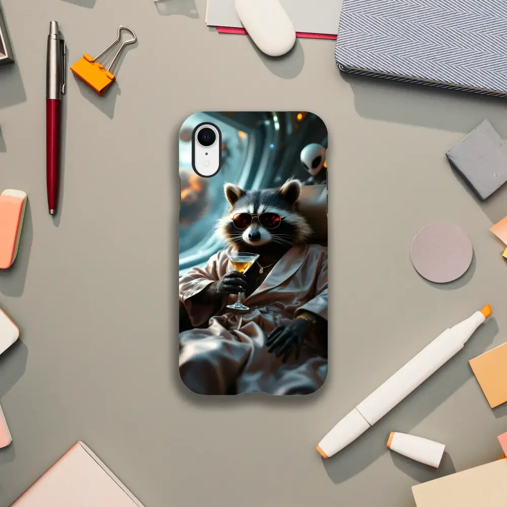 Phone case featuring a raccoon in a robe from Martini Raccoon Case PixiOnyx Cosmic Critter Series