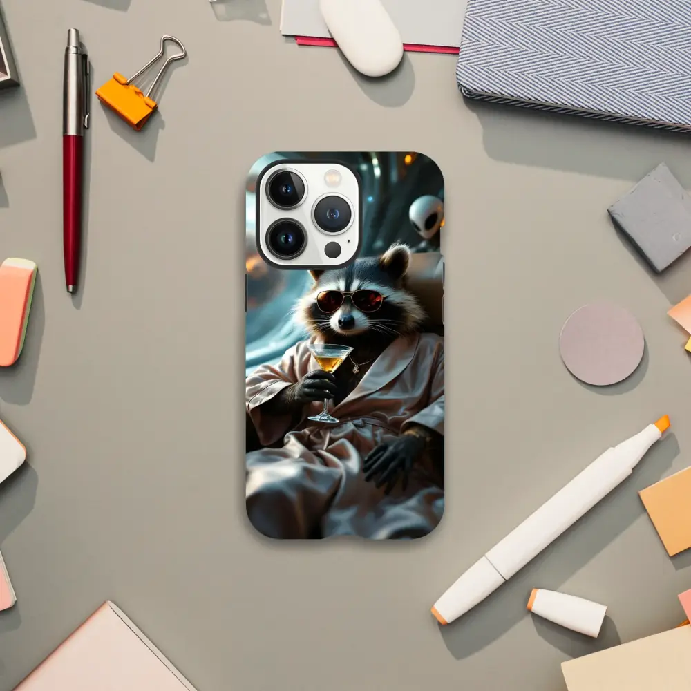 Phone case featuring a raccoon in a robe from the Martini Raccoon Case PixiOnyx Cosmic Critter Series