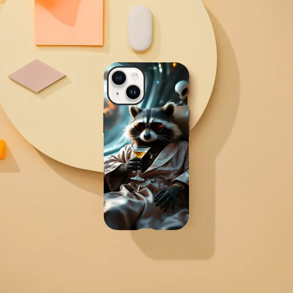 Phone case with adorable raccoon design from Martini Raccoon Case PixarOnyx Cosmic Critter Series